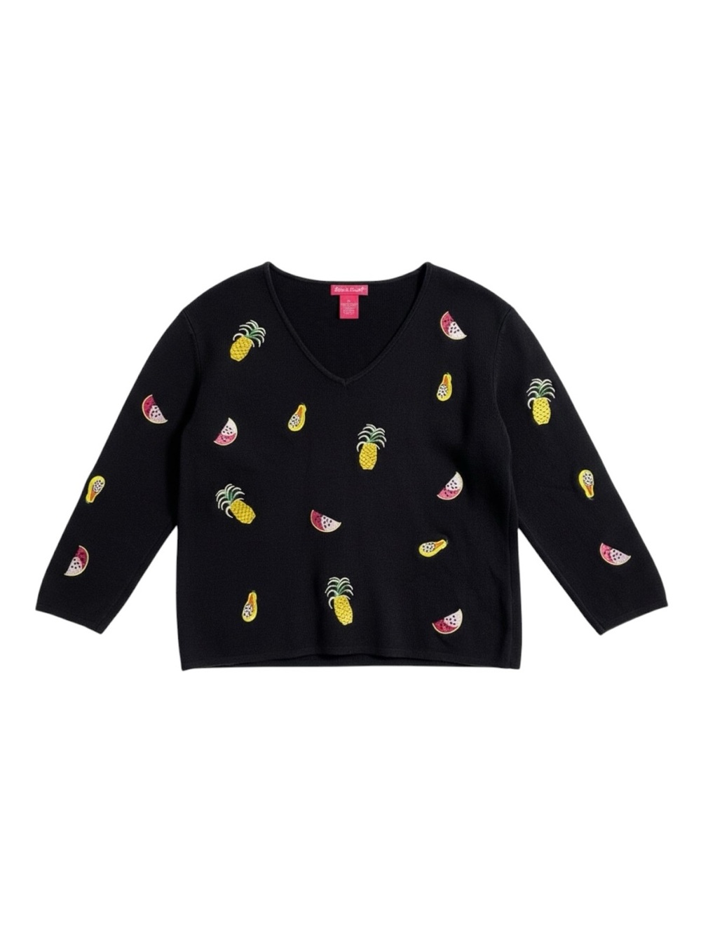 Alexandra Bartlett Fruit Embroidered Sweater‎ Women’s XL Black Cotton Knit